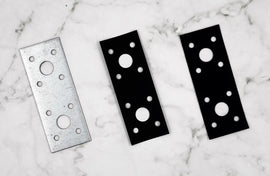 Left: a metal part. Center: FINESHUT and right: IR Flock Sheet, both laser-cut to the same outline and hole pattern