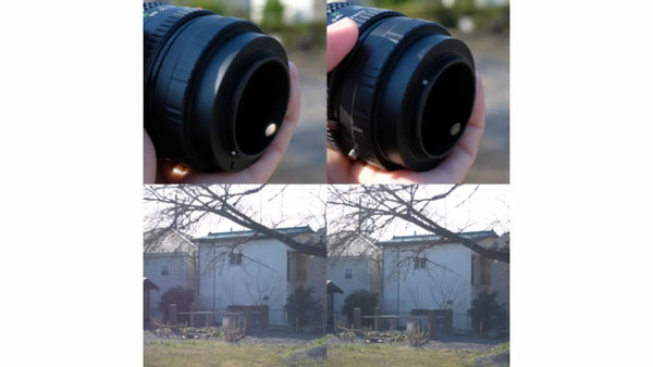 Untreated vs. FINESHUT KIWAMI-lined mount adapter: the sunlight spot on the inner wall and the resulting test shots