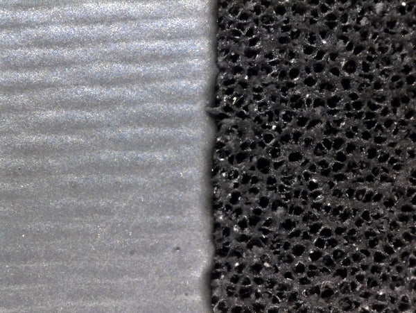 The same polyurethane sheet: smooth skin (left) and exposed foam surface (right)